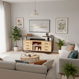 Vitrine en bois naturel KTB68134 pour salon avec structure en fer, design luxueux et minimaliste pour bar à domicile ou meuble - Product Image 2