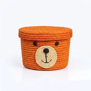 Cestas de Almacenamiento Hechas a Mano de Rafia con Tapa, Naranja, Azul, Amarillo, Decoración para el Hogar Infantil - Product Image 2