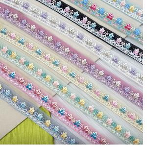 Cordones bordados a máquina hechos a medida en red a juego como tela base y colores para vestidos de novia de 1,15 pulgadas de ancho - Product Image 1