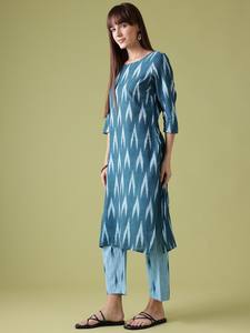 women Ikat Print Pure Cotton <b>Kurta</b> with Trousers & Dupatta <b>indian</b> pakistan salwar kameez - Product Image 3