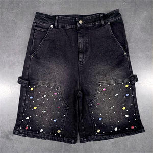 Pantalones cortos acampanados holgados desgastados con lavado ácido de pierna ancha de gran tamaño con diamantes de imitación de diseñador personalizados para hombres - Product Image 3