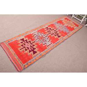 2.9x10 ft Turkish Rug, Vintage <b>Runner</b> Rug, <b>Red</b> Gray Ombr Rug - Product Image 2