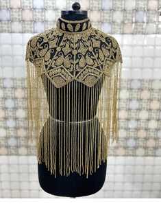 Robe de soirée en mousseline de soie luxueuse, ornée de perles à la main, avec cape à franges en cristal, multi-portable, antistatique, tenue de club, design brillant et lourd - Product Image 1