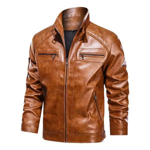 Veste en cuir de motard décontractée pour homme, automne-hiver, écologique, coupe-vent, patchwork, ourlet droit, poches latérales, col montant - Product Image 6