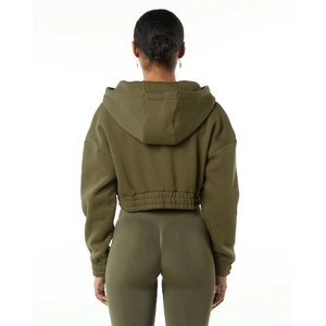 Sudadera con capucha corta clásica con cremallera completa para mujer 55% algodón 45% Spandex estilo de hombro caído de gran tamaño recortada ajuste invierno con capucha Color humo - Product Image 4