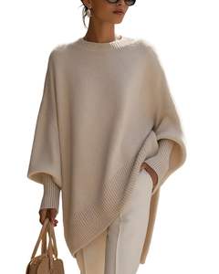 Women Beige Oversized Knit Poncho Sweater Winter Loose Fit Batwing Sleeve Soft Warm Pullover Top Casual Fashion Winterwear Cozy - Product Image 1