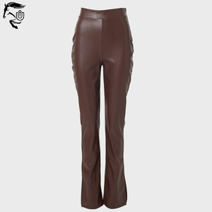 High Quality Breathable Windproof <b>Winter</b> Casual <b>Women's</b> Mid-Waist Genuine PU Leather <b>Leggings</b> Custom Logo Flat Front Zipper Fly - Product Image 4