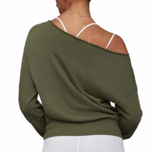 Sudadera con hombros descubiertos verde con estampado bordado de hermandad personalizada en tela French Terry - Product Image 4