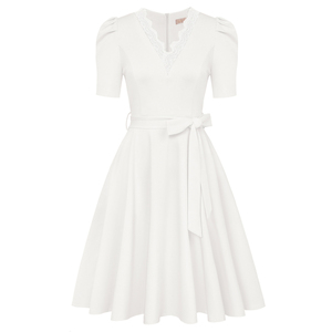 Vestido de cintura definida para mujer, manga corta, encaje, cuello en V, sólido, acampanado, línea A, ropa de fiesta, vestidos de primavera para mujer, vestido de los años 50 - Product Image 2