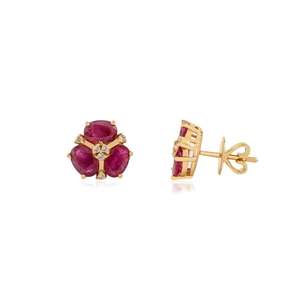 Magnifiques boucles d'oreilles à trois pierres en rubis et diamants, 100% pierres précieuses véritables, tendance, or jaune 14 carats, bijoux de haute qualité, cadeau pour femme - Product Image 3
