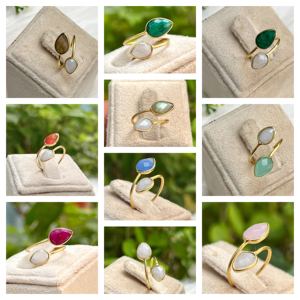 Poire Double arc-en-ciel pierre de lune et Aqua calcédoine bague faite à la main-or Vermeil lunette pierre précieuse en gros bague réglable - Product Image 5