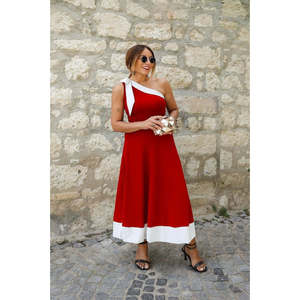 Women's One-Shoulder Dress with Ribbon Detail, Two-<b>Tone</b> Imported Crepe Dress, 34439 - <b>Red</b> - Product Image 3