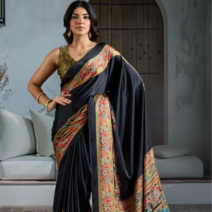 Saree en satin modal léger avec imprimé Ajrakh de style ethnique pour toutes les occasions comprend un bandana - Product Image 1