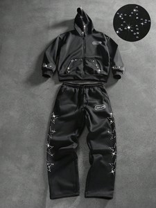 Ensemble de survêtement décontracté Streetrush unisexe, sweat-shirt à capuche et pantalon de survêtement léger imprimé avec des strass, fermeture éclair sur le devant - Product Image 3