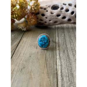 Navajo-Made Kingman Turquoise & <b>Sterling</b> <b>Silver</b> Ring Cultural Collectible Jewelry Size 8.5 - Product Image 1