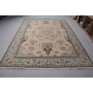 Classic Beige & Blue Vintage <b>Turkish</b> <b>Rug</b> 6' X 9.6' Flat Weave Wool Latex Backing Patchwork Pattern for Living Room Decorations - Product Image 1