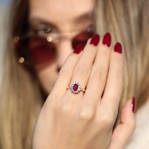 แหวนเพชร CZ ทรงวงรีทรงวงรีขนาด7x5มม. สีแดงอัญมณีอัญมณีสำหรับงานแต่งงานเครื่องประดับสำหรับเจ้าสาวชุบทอง18K สีเหลือง - Product Image 3