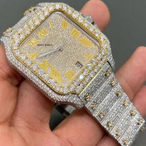 Reloj de Lujo Antiguo con Moissanita y Cristal de Acero Inoxidable, Oro y Plata, 20mm, Estilo Hip Hop, Esfera Cuadrada, Estilo Diamante, Doble Movimiento - Product Image 1