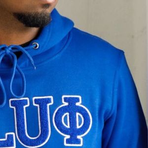 Phi Beta Sigma BLUE Chenille Hoodie <b>Black</b> Soft Cotton <b>Fleece</b> Greek Life Fraternity Pullover Hoody with Kangaroo Pocket - Product Image 2