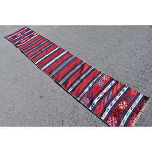 Handmade Traditional <b>Red</b> Black Patchwork Wool Rug 1.7 X 9.7ft Vintage Turkish Rectangle Design <b>Latex</b> Backed Bedside Area Rugs - Product Image 4