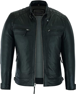 Blouson bombardier en cuir véritable noir personnalisé OEM pour hommes Streetwear Blouson de moto uni veste de gros pour hommes - Product Image 3