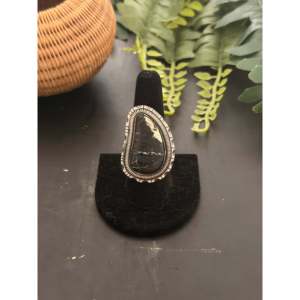 Walker Vandever Handmade <b>Boho</b> <b>Ring</b> Black Jack Turquoise & Sterling <b>Silver</b> with Bezel Setting Size 8.75 for Everyday Wear Gifts - Product Image 1