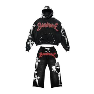 Ensemble sweat à capuche et pantalon de survêtement personnalisé évasé à fermeture éclair pour hommes hiver fabricant patch de détresse - Product Image 1