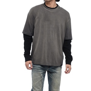 Men's 100% Cotton Acid Wash T-Shirt Loose Fit Double Layer Long Sleeve <b>Mock</b> <b>Neck</b> Tee High Quality Street Wear with Solid Pattern - Product Image 3