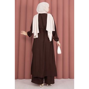 Ensemble tunique longue en crêpe et tweed marron pour femme, col mandarin à lacets, style bureau, blazer et pantalon, coupe ample pour l'été - Product Image 6