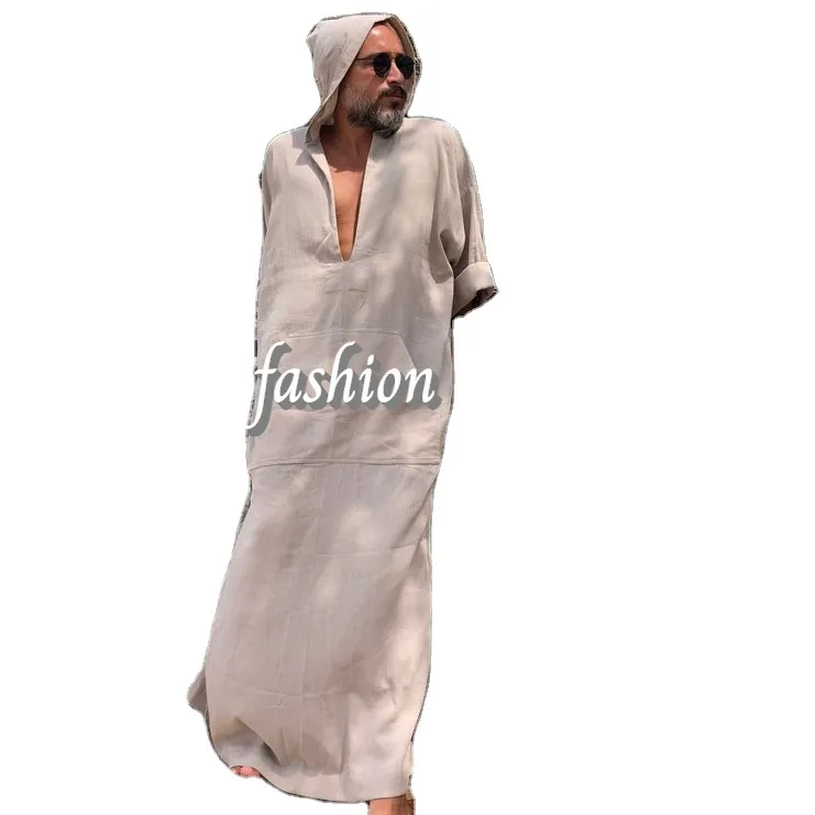 Vente en Gros Islamique Hommes Robe Arabe Robe Hommes Lin Caftan avec Capuche