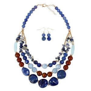 Nouveau collier vintage multicouche en résine perlée avec pendentif en pierre naturelle bleue et marron, parure de bijoux plaqué or pour femme pour les soirées - Product Image 1