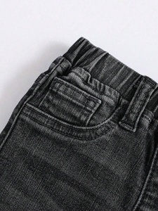 Girls Black Denim Pants Elastic Waist Straight Fit Distressed Wash Casual Ankle-Length Solid Color <b>Patch</b> Pocket - Product Image 6