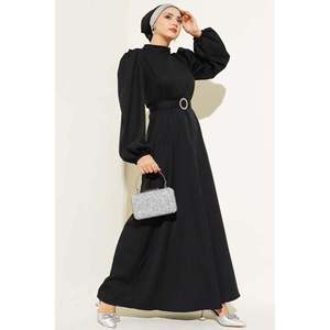 ชุดเดรสสีดำมีเข็มขัดแขนบอลลูนบานออก - Product Image 1