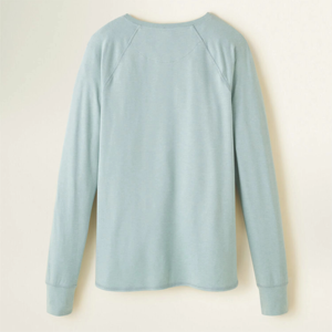 Women's Light Blue O-Neck Long Sleeve <b>Raglan</b> T-Shirt Loose Fit Solid Color Casual Knitted Cotton Spandex <b>Top</b> All Seasons - Product Image 2