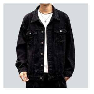 OEM Veste en jean décontractée pour hommes Manteau d'automne boutonné en veste en jean surdimensionnée noire - Product Image 1