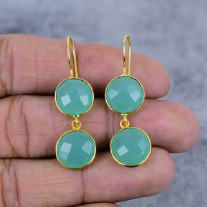 Pendientes de Plata de Ley 925 con Baño de Oro y Gema Redonda de Calcedonia Aqua, Color Verde, para Mujer - Product Image 2