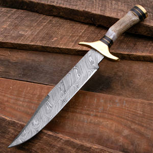 Cuchillo Bowie Hecho a Mano, Hoja de Acero de Damasco, Mango de Cuerno, Refuerzo de Latón, con Funda de Cuero, Cuchillos de Supervivencia. - Product Image 2