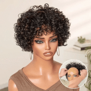 Brown & Black 100% Human Hair Wig with Bangs Short Bouncy Curls & Highlight Throw-On & Go Glueless Design US Only - Product Image 1