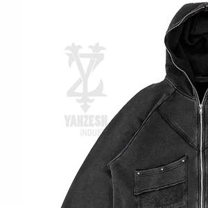 OEM personalizado de los hombres de la cremallera completa sudaderas con capucha parche bolsillo 3D patrón bordado Logo mangas lavadas peso 500 GSM polar invierno - Product Image 4