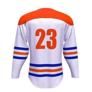 Maillot de hockey blanc orange bleu vierge personnalisé sublimé uniforme d'équipe col en V manches longues design rayé classique vêtements de sport - Product Image 6