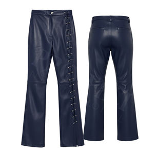 Pantalon évasé en similicuir tendance, taille haute, bleu, détail bouton latéral, coupe bootcut, léger, extensible, en similicuir - Product Image 3
