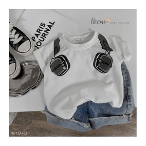 เสื้อยืดพิมพ์ลายหูฟังเสื้อยืดสีดำสีขาวสำหรับเด็ก - Product Image 1