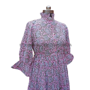 Robe longue trapèze faite main vintage 100 % coton respirant écologique séchage rapide col montant imprimé naturel pour soirée formelle - Product Image 6