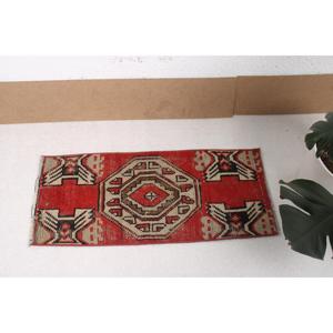 1.2x2.7 ft Turkish Rug, Vintage Small Rug, <b>Red</b> Floral <b>Wool</b> Rug - Product Image 3