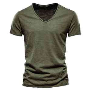 Mode couleur unie T-shirts décontractés pour hommes 100% coton col en v Logo personnalisé marque qualité hommes T-shirts - Product Image 4