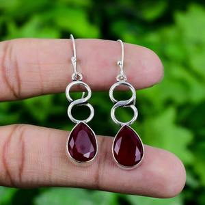 925 Plata de Ley sólida hecha a mano piedras preciosas rubí pendientes de diseñador de moda 925 pendientes colgantes de plata estampados para niñas joyería - Product Image 2