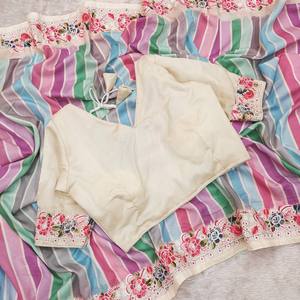 Saree en satin de soie Vichitra de qualité supérieure avec impressions numériques et fils à broder Bordure de passepoil de couverture fantaisie pour toutes les occasions - Product Image 6