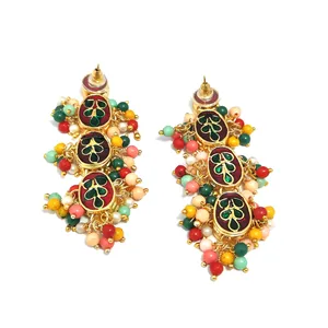 Boucles d'oreilles pendantes multicolores Polki Kundan plaquées or pour femmes, accessoire de mode - Product Image 2