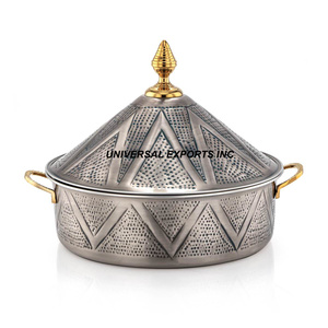 Casserole en acier inoxydable martelé à double paroi Poli brillant Faite à la main Réchauffeur de nourriture décoratif en métal pour mariage et événement - Product Image 6
