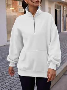 Bordado personalizado de gran tamaño de media cremallera sudaderas mujeres de alta calidad de lana de algodón holgado pulóver media cremallera sudadera con bolsillo - Product Image 3